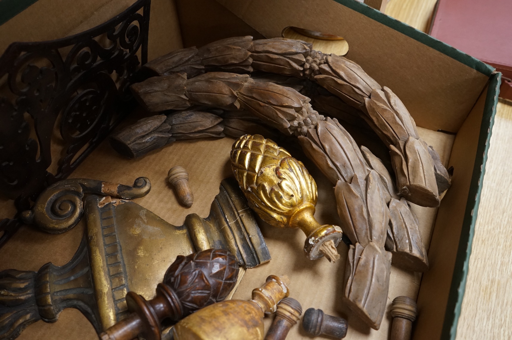 A collection of giltwood and wood ornamental carvings, etc.